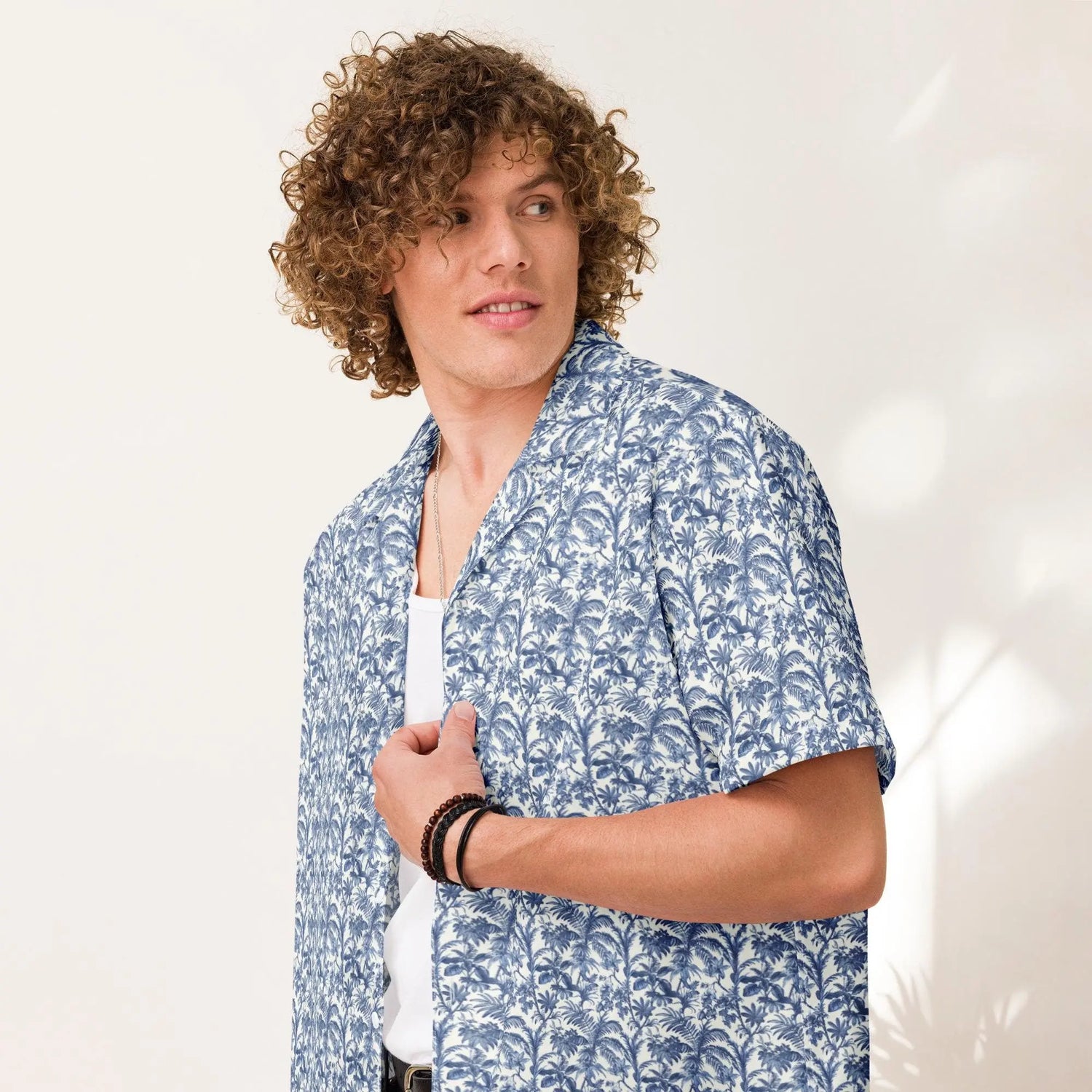 Unisex button shirt, Mens all over print pattern light airy casual everyday jean short trendy stylish youthful travel tropical style shirt