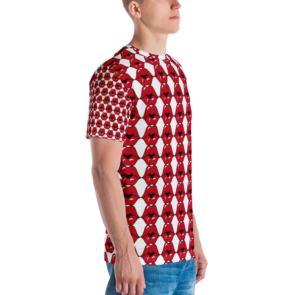 Men&#39;s t-shirt, Hot red lips all over pattern design runway fashion style casual soft to touch jean shorts joggers under blazer shirt