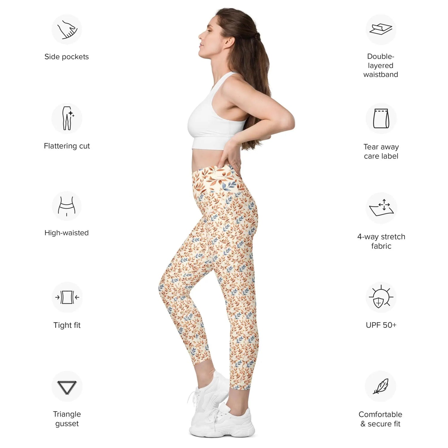 Leggings with pockets, Autumn leaves pattern Fall look stretchy yoga pilates gymn stylish everday sweater blazer pairing spandex pants
