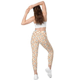 Leggings with pockets, Autumn leaves pattern Fall look stretchy yoga pilates gymn stylish everday sweater blazer pairing spandex pants
