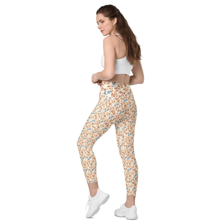 Leggings with pockets, Autumn leaves pattern Fall look stretchy yoga pilates gymn stylish everday sweater blazer pairing spandex pants
