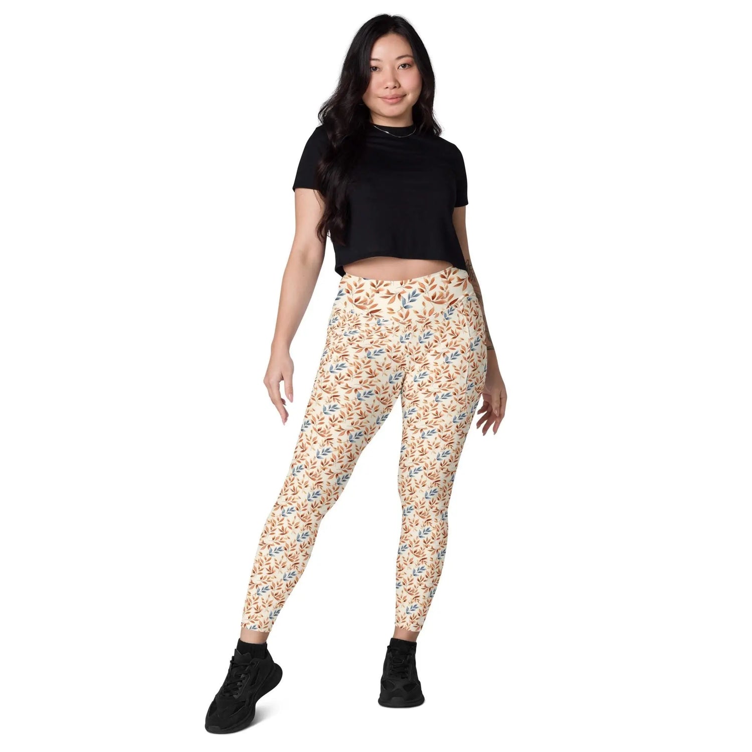 Leggings with pockets, Autumn leaves pattern Fall look stretchy yoga pilates gymn stylish everday sweater blazer pairing spandex pants