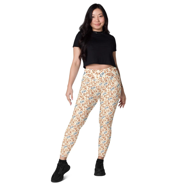 Leggings with pockets, Autumn leaves pattern Fall look stretchy yoga pilates gymn stylish everday sweater blazer pairing spandex pants