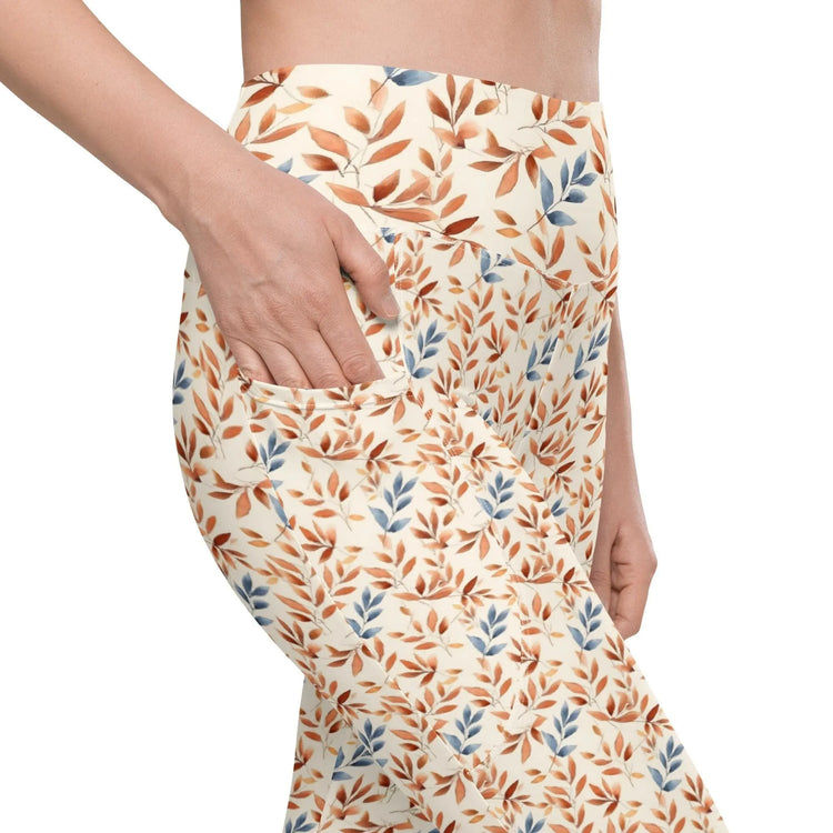 Leggings with pockets, Autumn leaves pattern Fall look stretchy yoga pilates gymn stylish everday sweater blazer pairing spandex pants The Aurora Touch