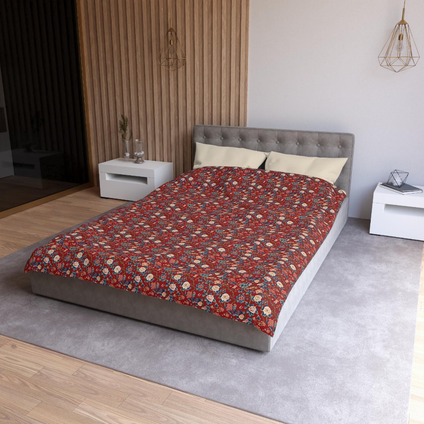 Red Floral Microfiber Duvet Cover - Modern Soft Bedspread, Holiday Fashion Designer Bedding, Stylish Contemporary Casual Decor