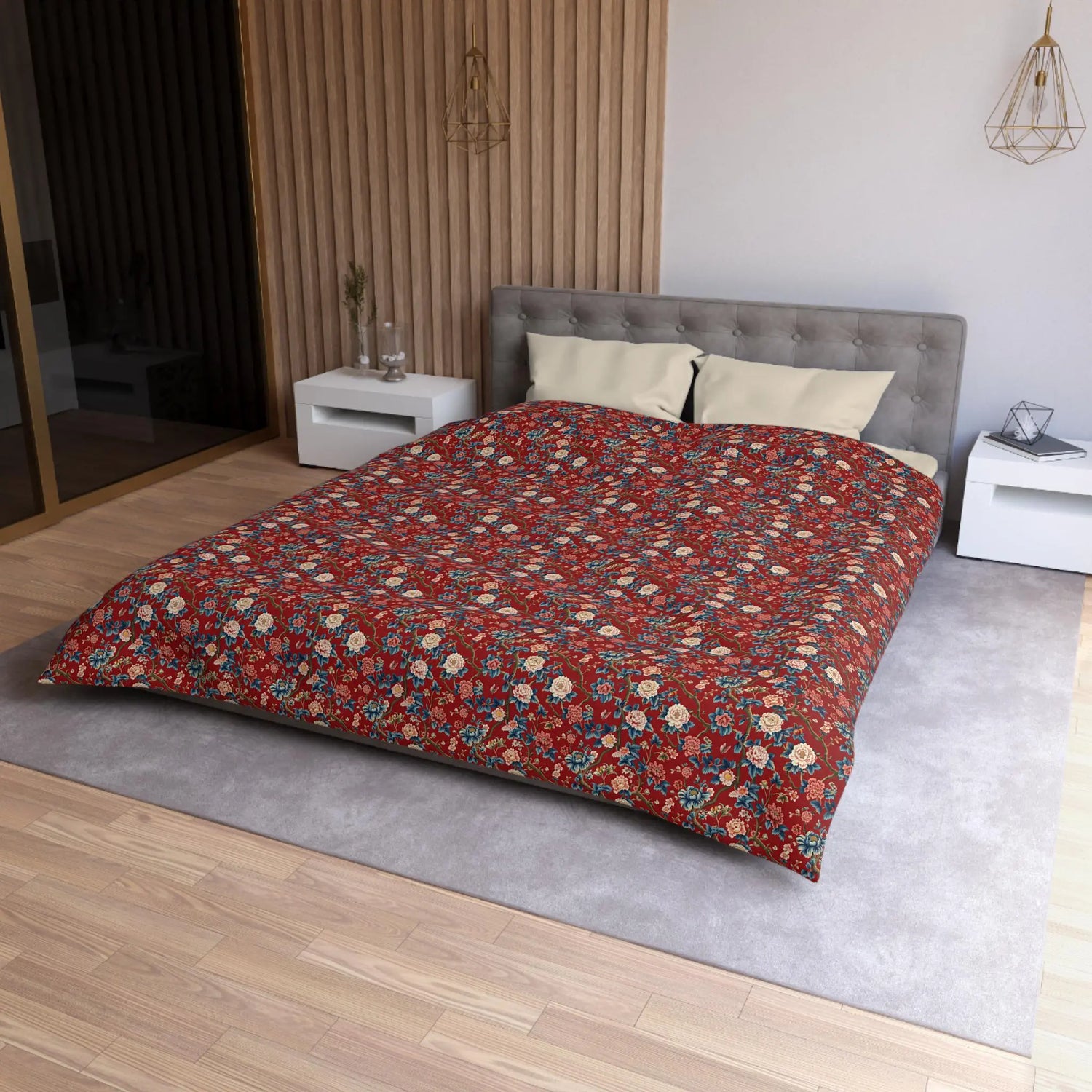 Red Floral Microfiber Duvet Cover - Modern Soft Bedspread, Holiday Fashion Designer Bedding, Stylish Contemporary Casual Decor