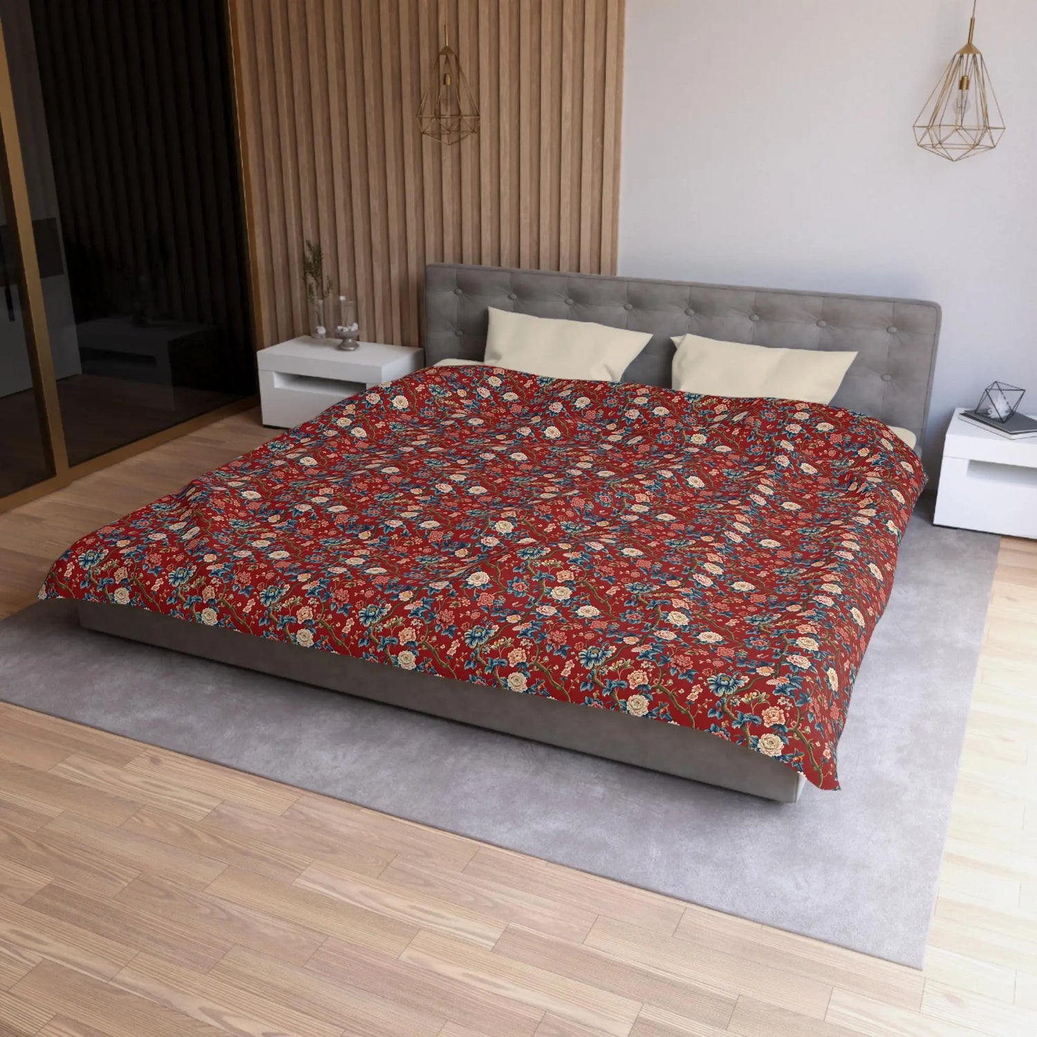 Red Floral Microfiber Duvet Cover - Modern Soft Bedspread, Holiday Fashion Designer Bedding, Stylish Contemporary Casual Decor