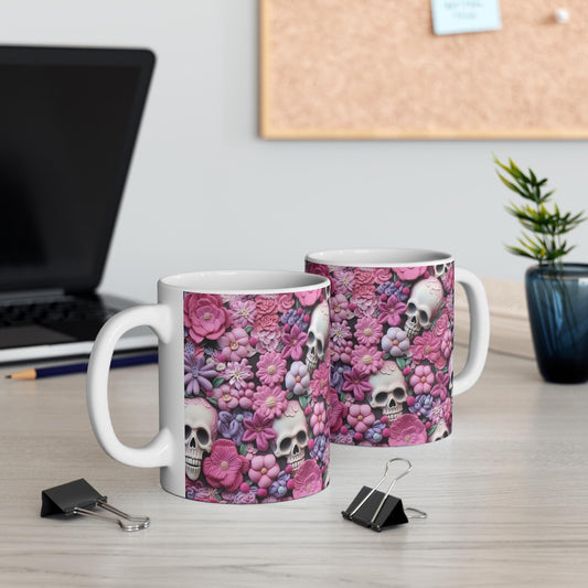 Sugar Skull Mug 11oz - Pink Accent All Purpose Hot Beverage Lover Cup, Halloween Day of the Dead Festive Office Home Decor