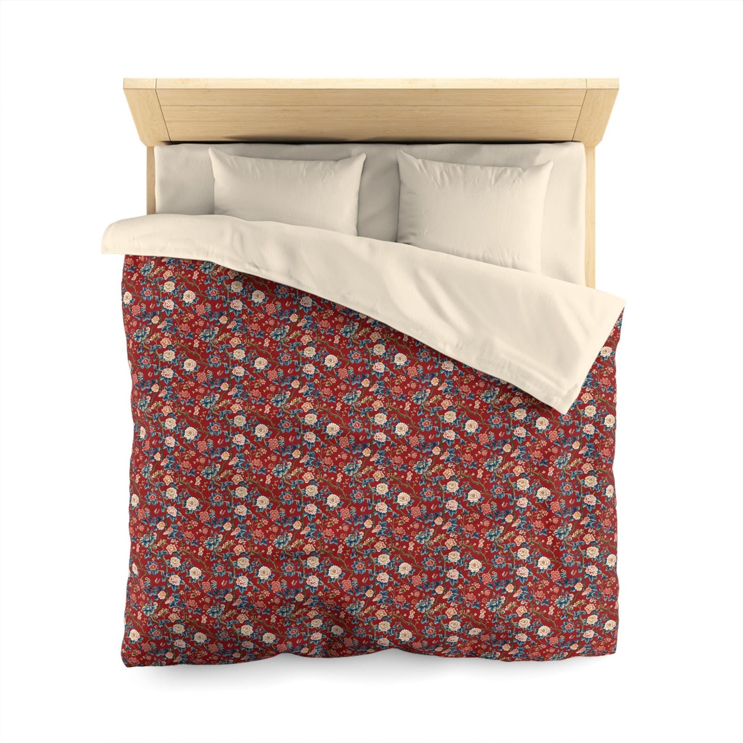Red Floral Microfiber Duvet Cover - Modern Soft Bedspread, Holiday Fashion Designer Bedding, Stylish Contemporary Casual Decor