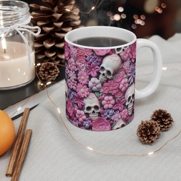Sugar Skull Mug 11oz - Pink Accent All Purpose Hot Beverage Lover Cup, Halloween Day of the Dead Festive Office Home Decor The Aurora Touch