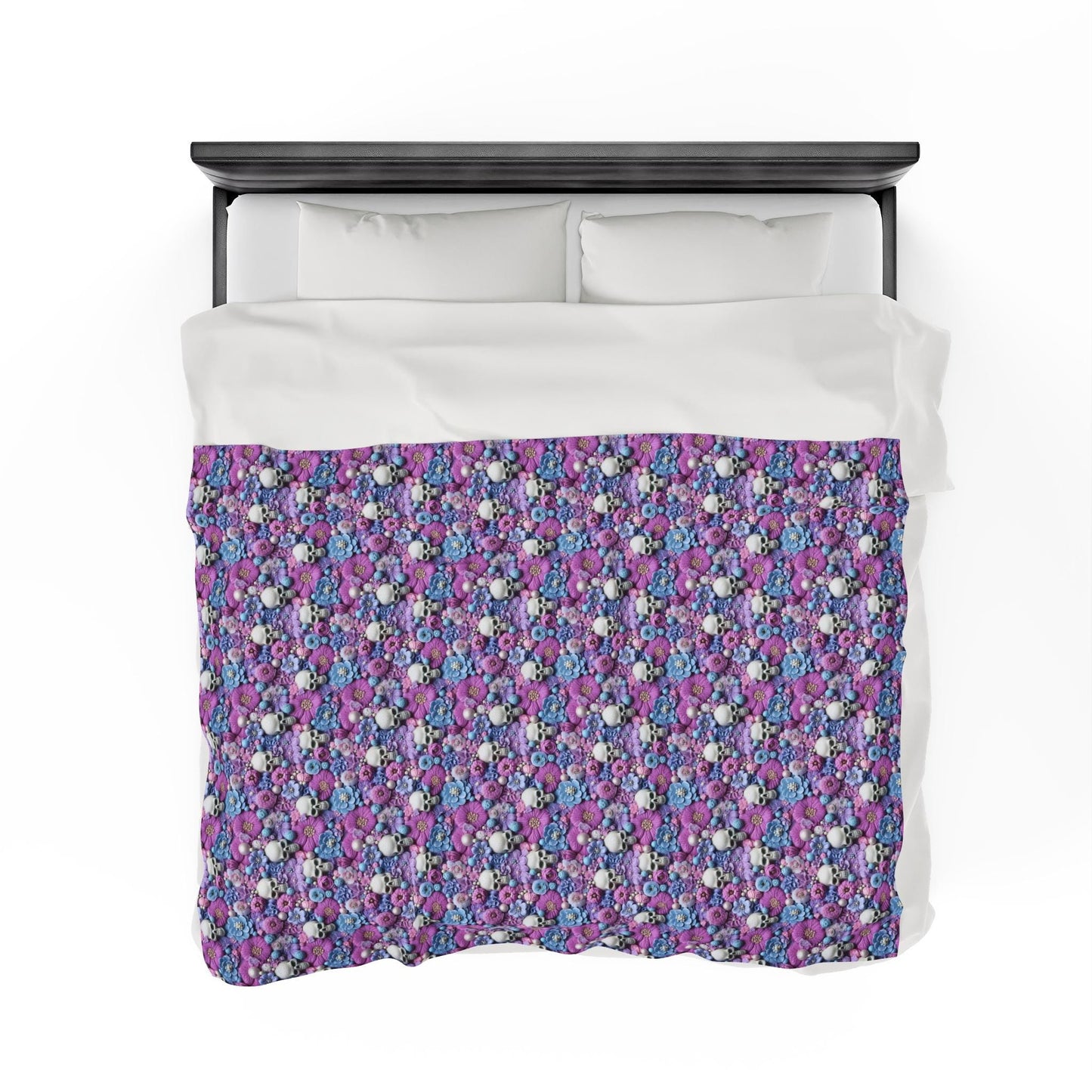 Gothic Plush Blanket, Day of the Dead Sugar Skull Purple Accent Throw, Halloween Home Decor, Velveteen Cozy Blanket
