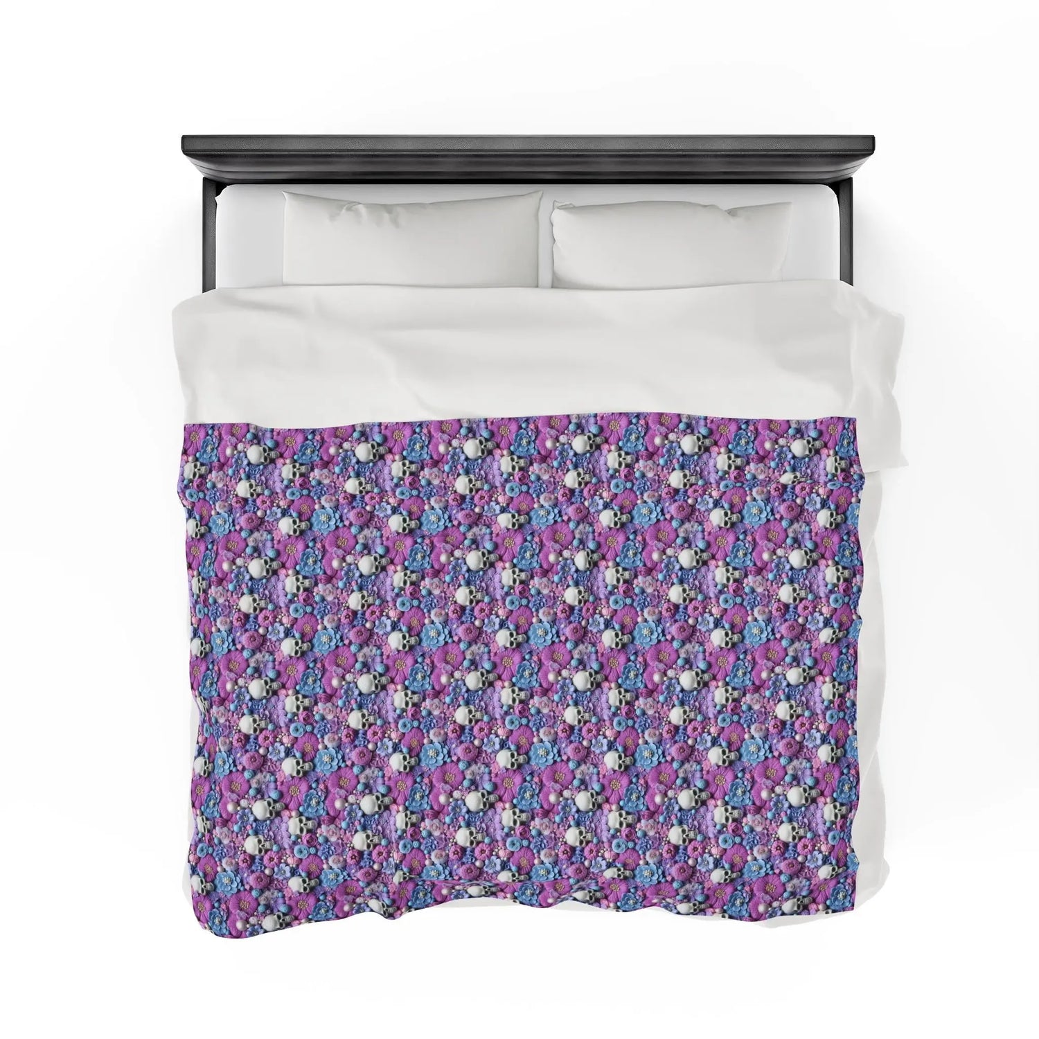 Gothic Plush Blanket, Day of the Dead Sugar Skull Purple Accent Throw, Halloween Home Decor, Velveteen Cozy Blanket