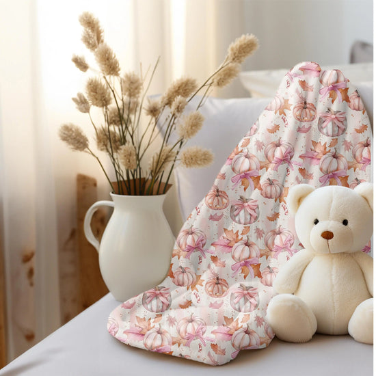 Pink pumpkin fall throw blanket pattern print design couch chair pretty room home holiday decor pastel color silky smooth bedspread blankie The Aurora Touch