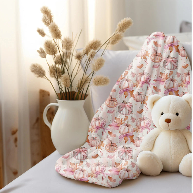 Pink pumpkin fall throw blanket pattern print design couch chair pretty room home holiday decor pastel color silky smooth bedspread blankie The Aurora Touch