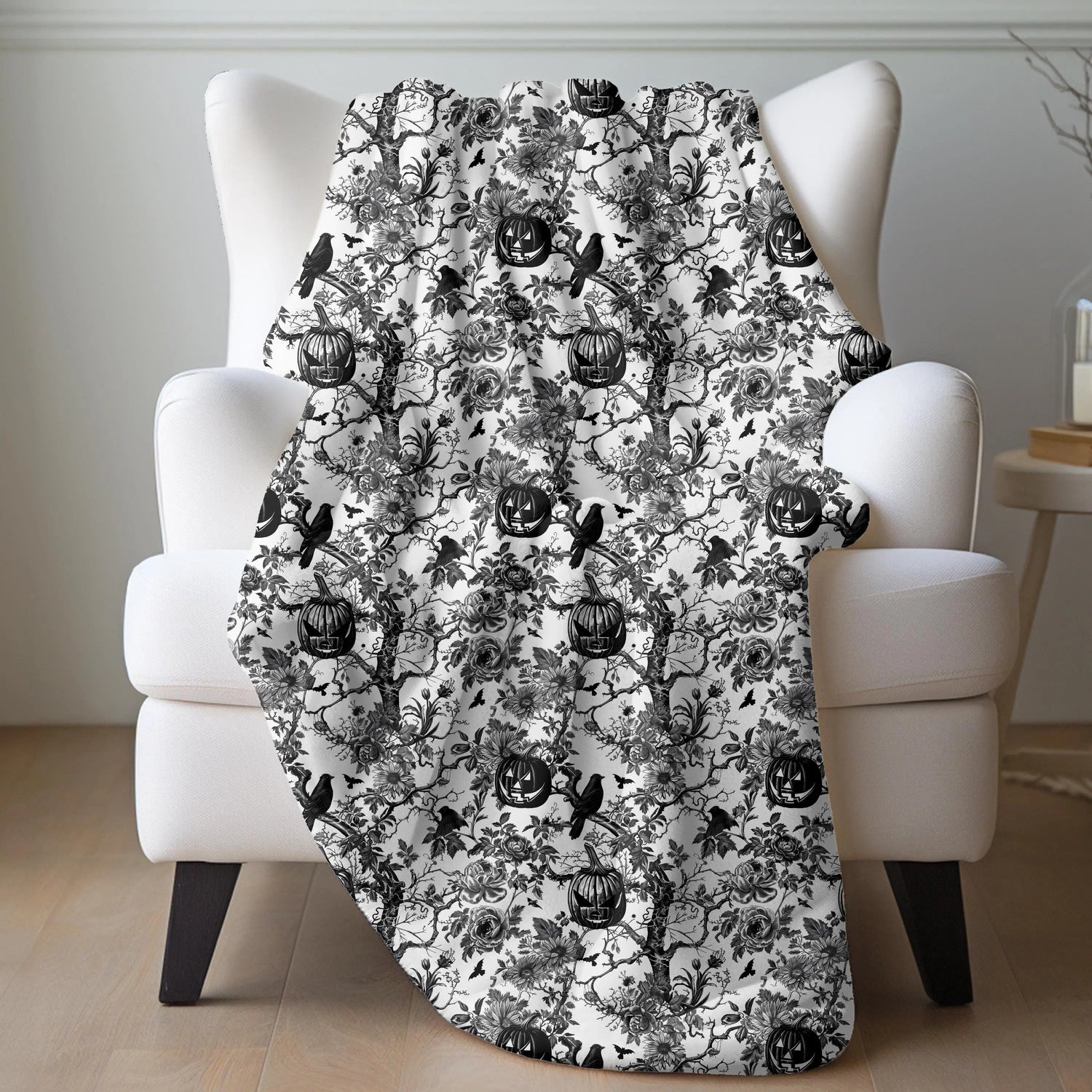Throw Blanket, Gothic Halloween fall black stencil design soft fleece light warm comfortable couch bed chair travel decorative novelty throw The Aurora Touch