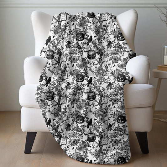 Throw Blanket, Gothic Halloween fall black stencil design soft fleece light warm comfortable couch bed chair travel decorative novelty throw