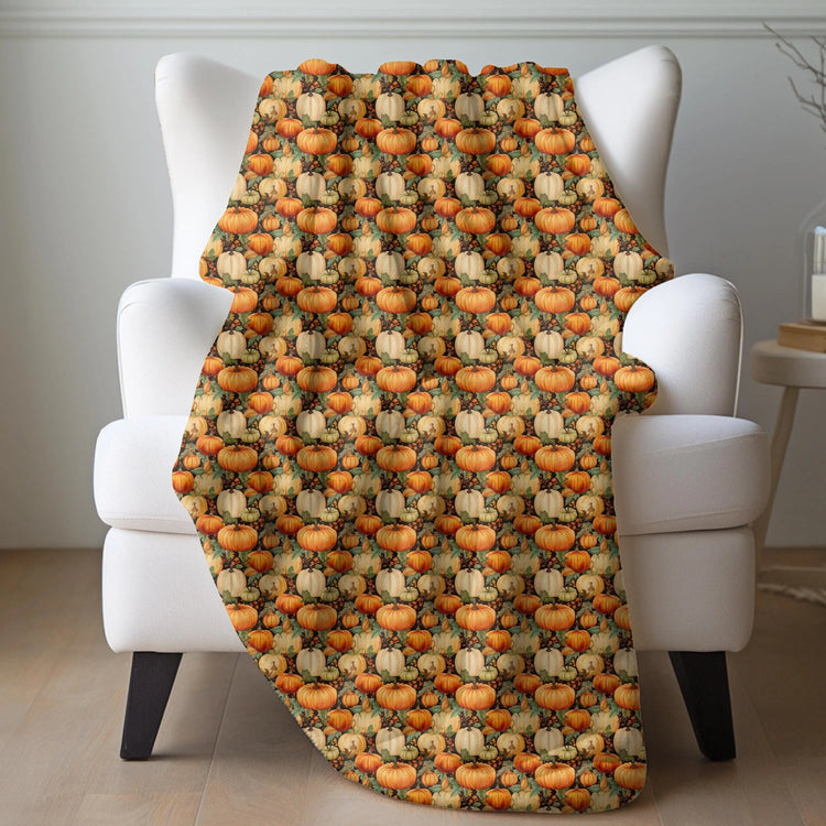 Throw Blanket, Thanksgiving pumpkin all over pattern classy simple soft smooth comfy silky bed couch travel TV watching seasonal throw The Aurora Touch