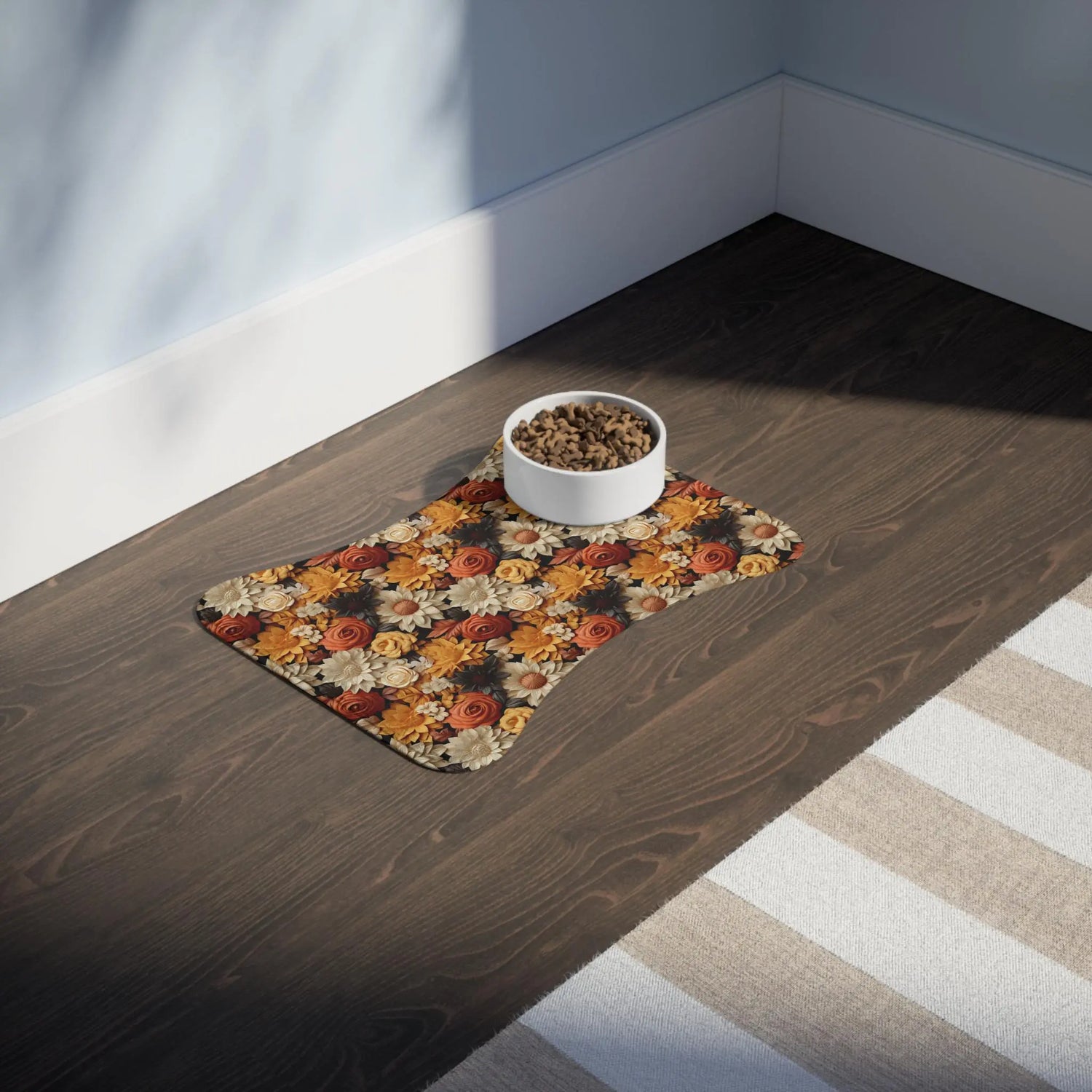 Fall Floral Pet Feeding Mats - Autumn All Over Print Pattern Design for Cat and Dog - Kitchen Decor Place Mat, Holiday Themed Food Mat The Aurora Touch