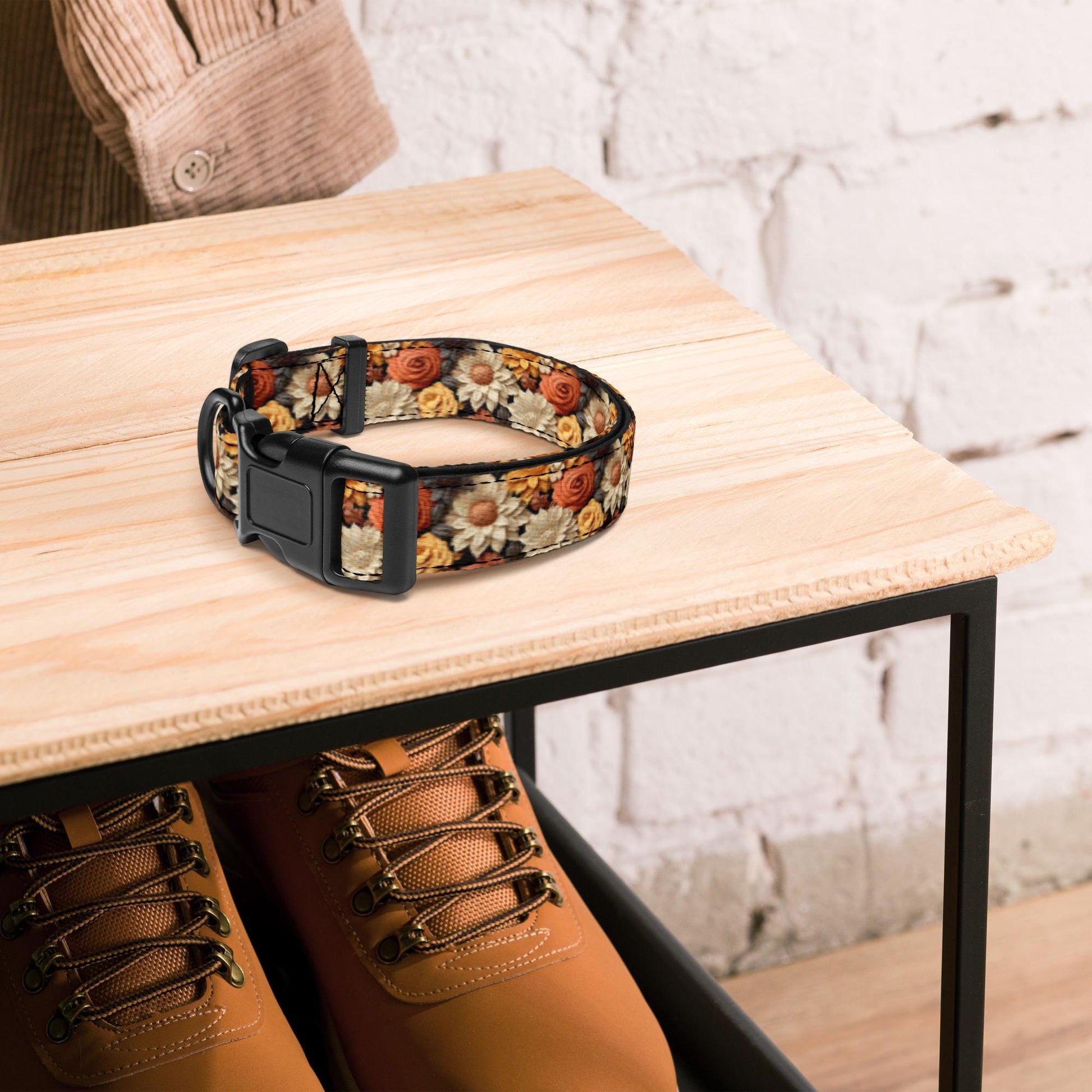 Fall colors Pet Collar floral all over print pattern Autumn browns stylish classy walking shopping travel fashionista dog collar