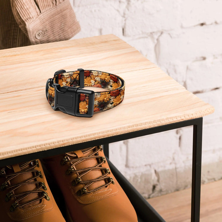 Fall colors Pet Collar floral all over print pattern Autumn browns stylish classy walking shopping travel fashionista dog collar
