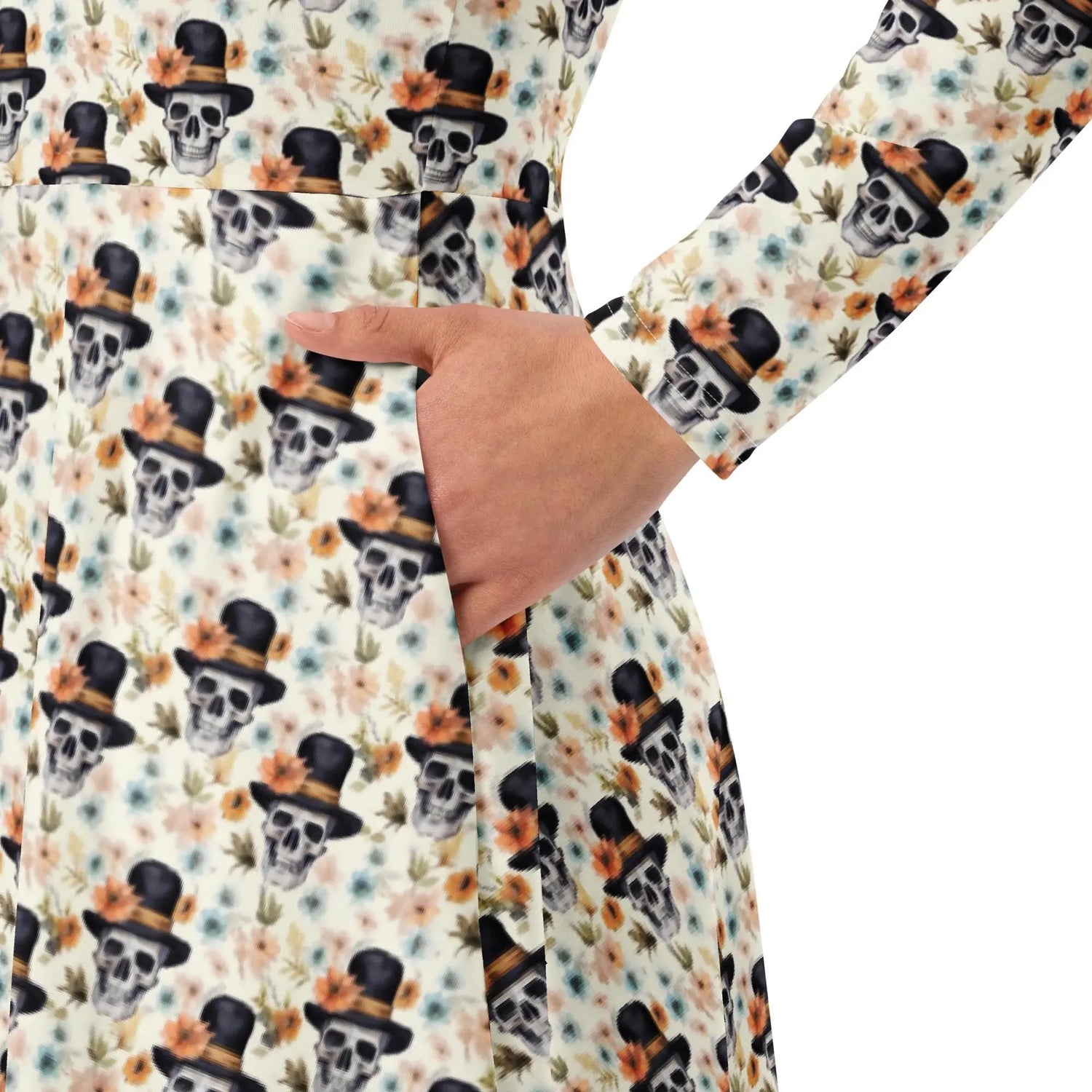 Gothic Floral Skull midi dress all-over print long sleeve casual dinner date comfortable holiday Halloween spirit waist trimming outfit The Aurora Touch