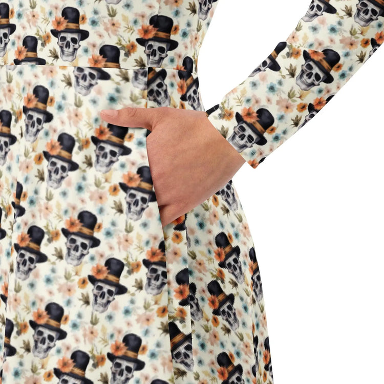 Gothic Floral Skull midi dress all-over print long sleeve casual dinner date comfortable holiday Halloween spirit waist trimming outfit