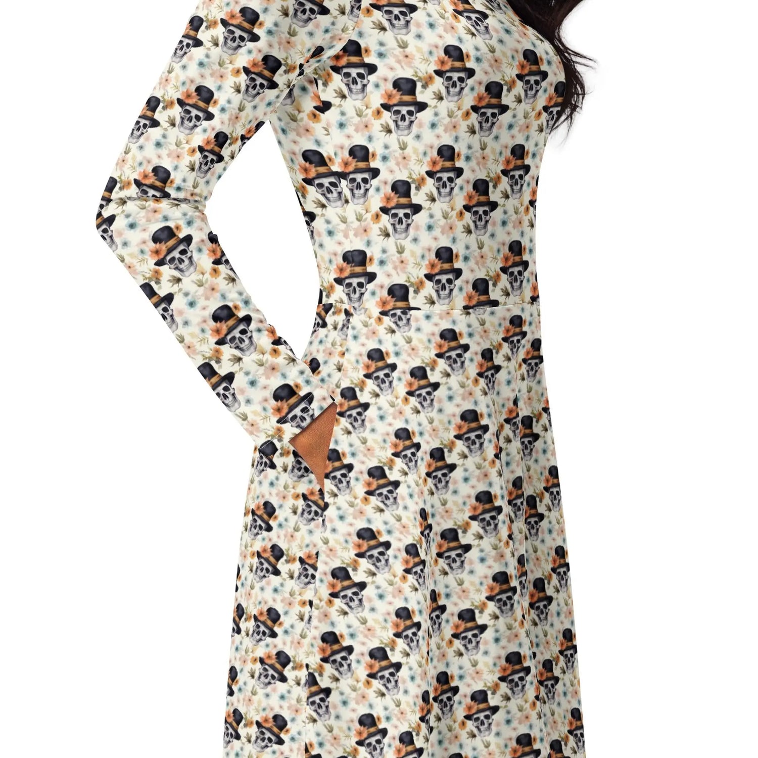 Gothic Floral Skull midi dress all-over print long sleeve casual dinner date comfortable holiday Halloween spirit waist trimming outfit