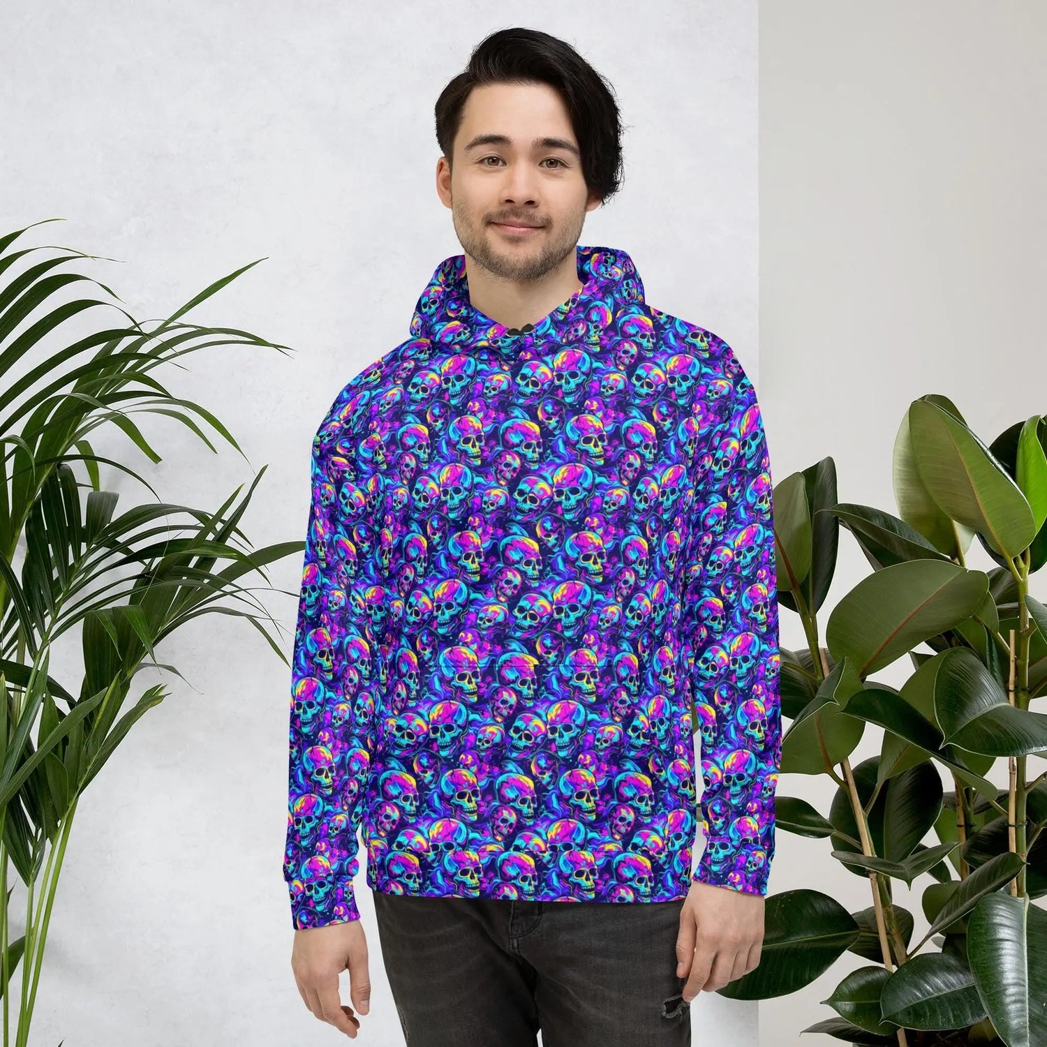 Neon skull design Hoodie Haloween Fall fashion EDM Teen Adult Men winter weather everyday casual relax style sweatshirt