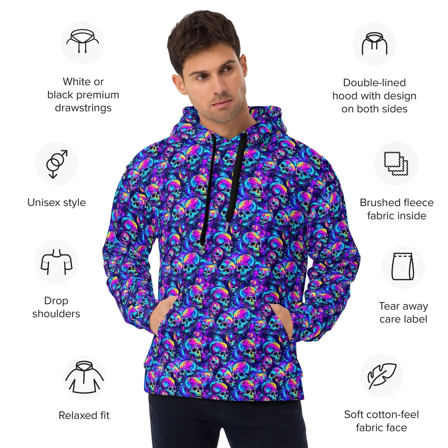 Neon skull design Hoodie Haloween Fall fashion EDM Teen Adult Men winter weather everyday casual relax style sweatshirt The Aurora Touch