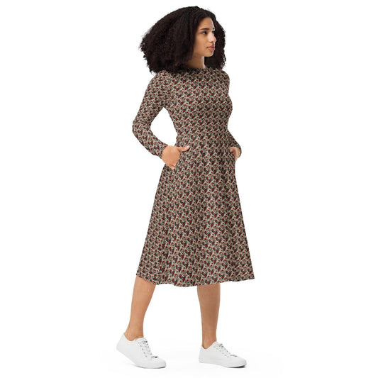 Red Roses long sleeve midi dress all over print pattern comfy femmy design for the entrepreneur stylish girl ready to wear out