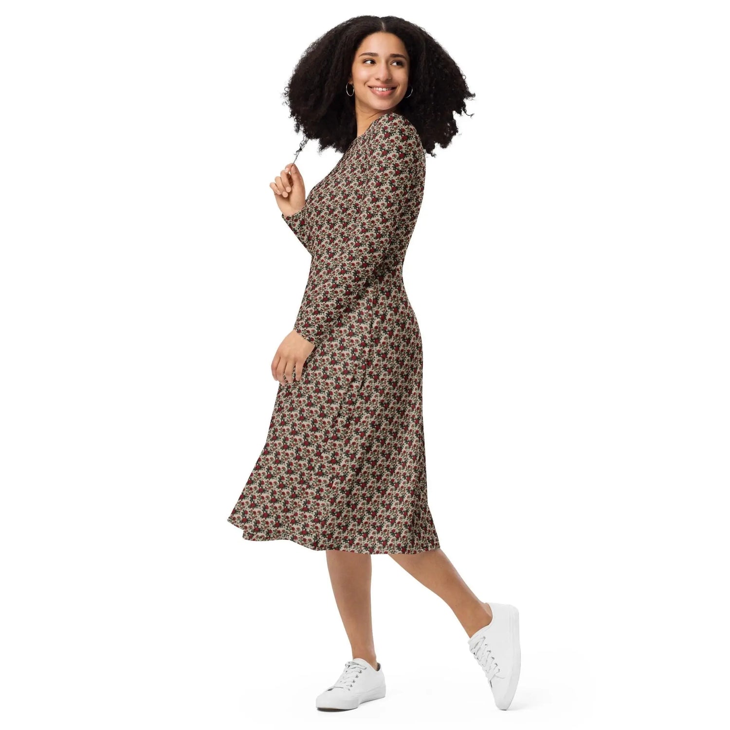 Red Roses long sleeve midi dress all over print pattern comfy femmy design for the entrepreneur stylish girl ready to wear out The Aurora Touch