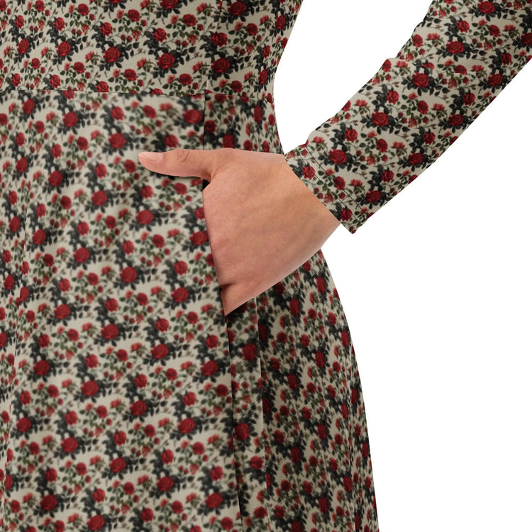 Red Roses long sleeve midi dress all over print pattern comfy femmy design for the entrepreneur stylish girl ready to wear out