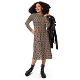 Red Roses long sleeve midi dress all over print pattern comfy femmy design for the entrepreneur stylish girl ready to wear out