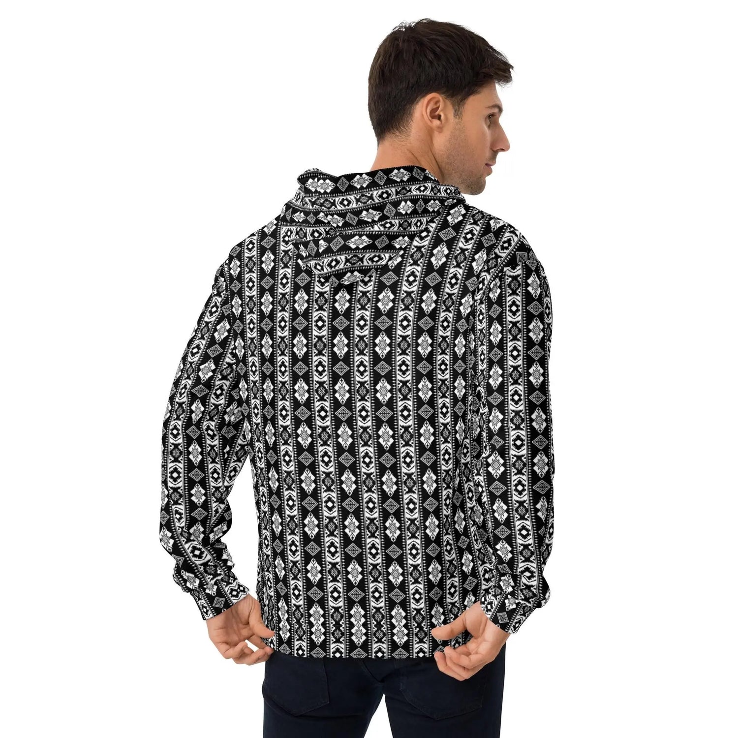 Cozy pattern print  Men Hoodie all over design casual warm stylish runway style everyday relaxed fit fleece feel sweatshirt The Aurora Touch