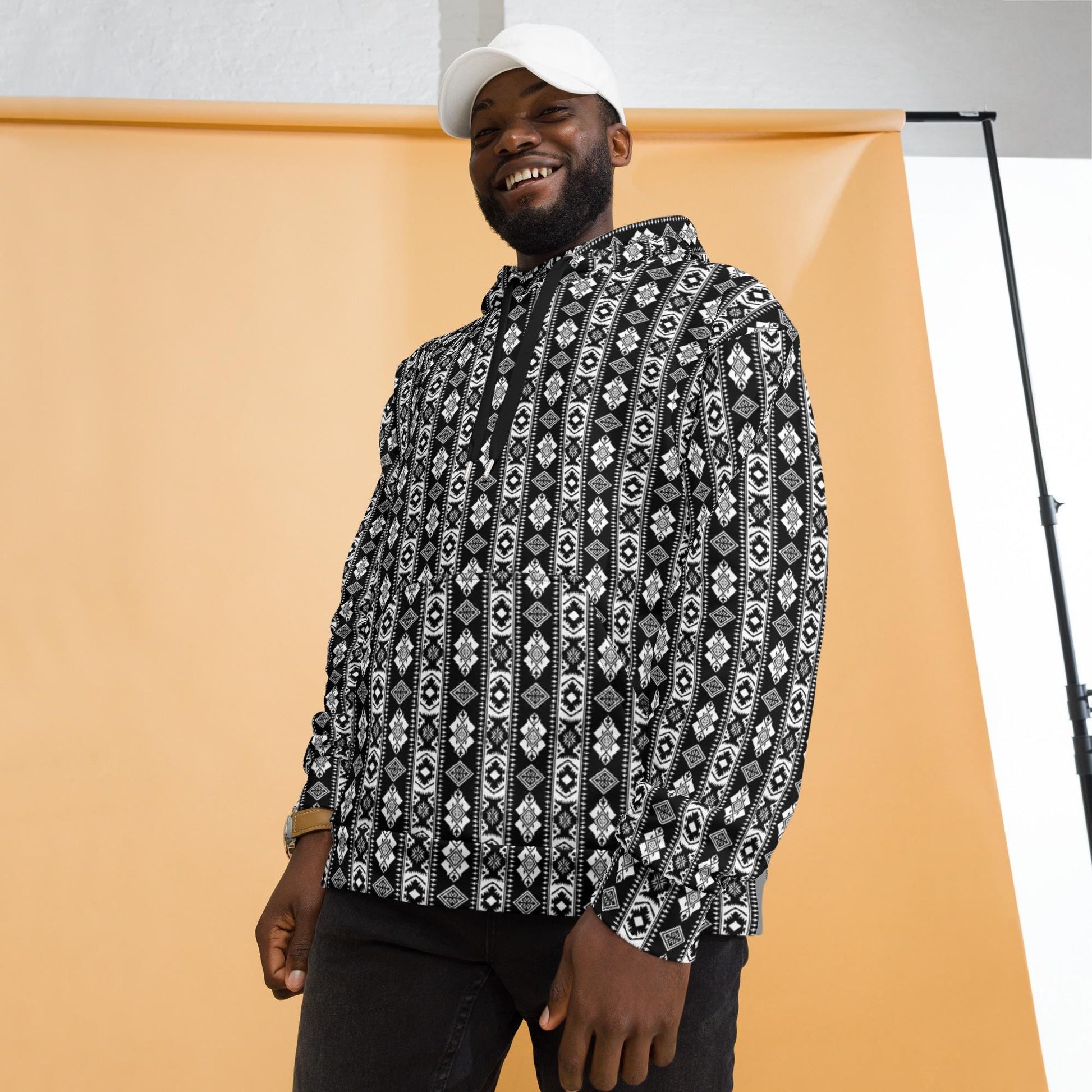 Cozy pattern print  Men Hoodie all over design casual warm stylish runway style everyday relaxed fit fleece feel sweatshirt