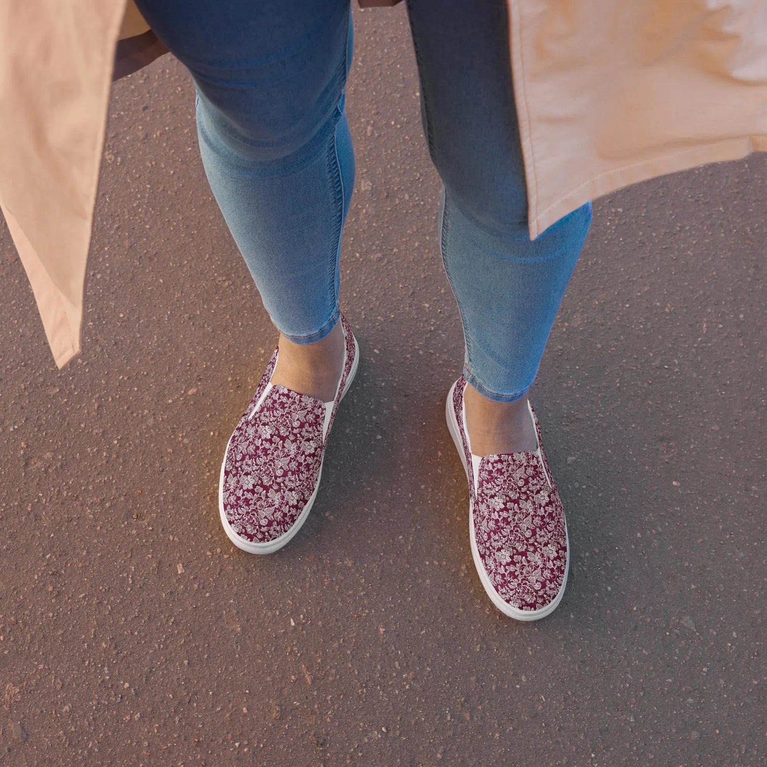 Women’s slip-on canvas shoes, Burgandy white lace canvas designer look casual cute jean skirt jogger pants slip-on rubber sole shoe