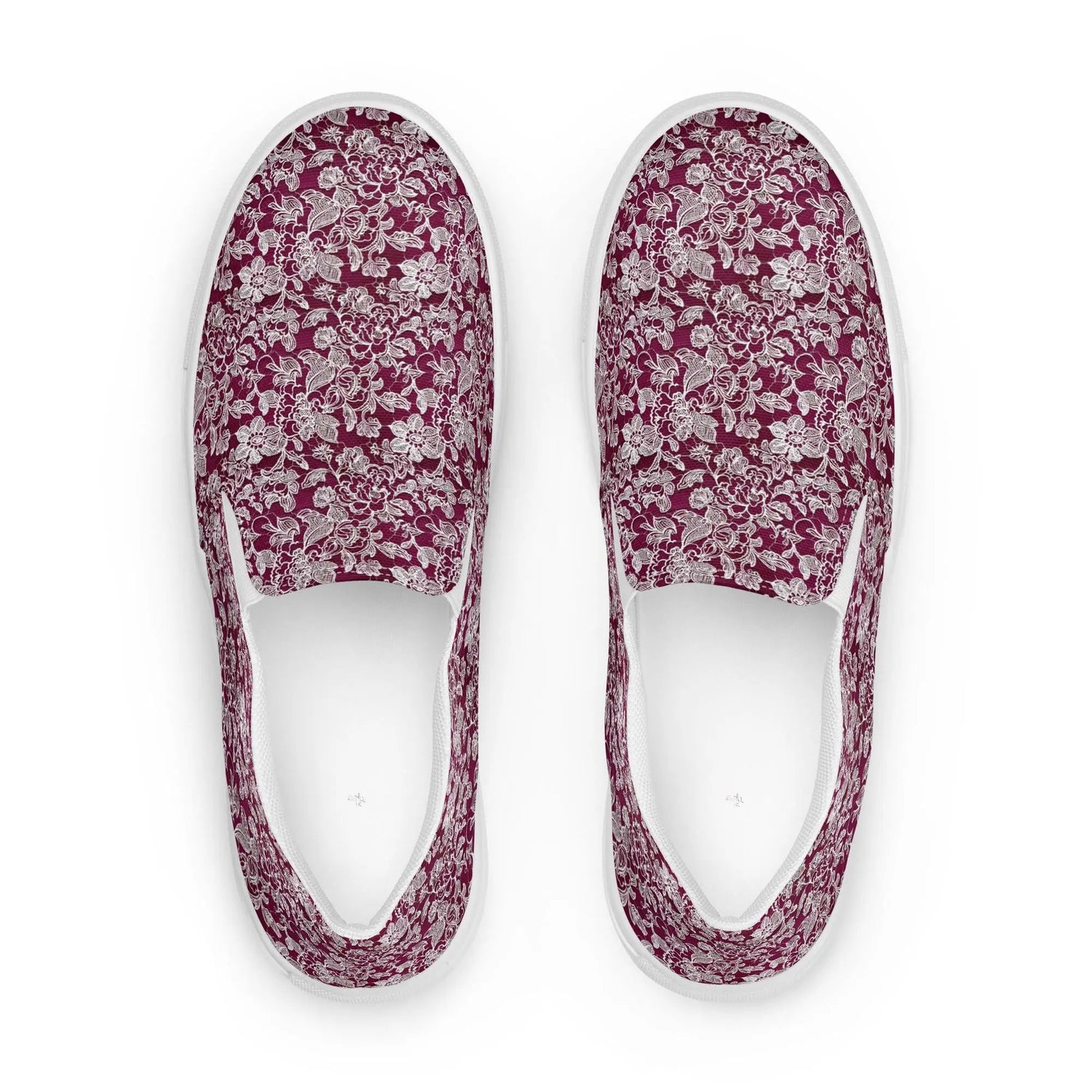 Women’s slip-on canvas shoes, Burgandy white lace canvas designer look casual cute jean skirt jogger pants slip-on rubber sole shoe