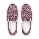 Women’s slip-on canvas shoes, Burgandy white lace canvas designer look casual cute jean skirt jogger pants slip-on rubber sole shoe