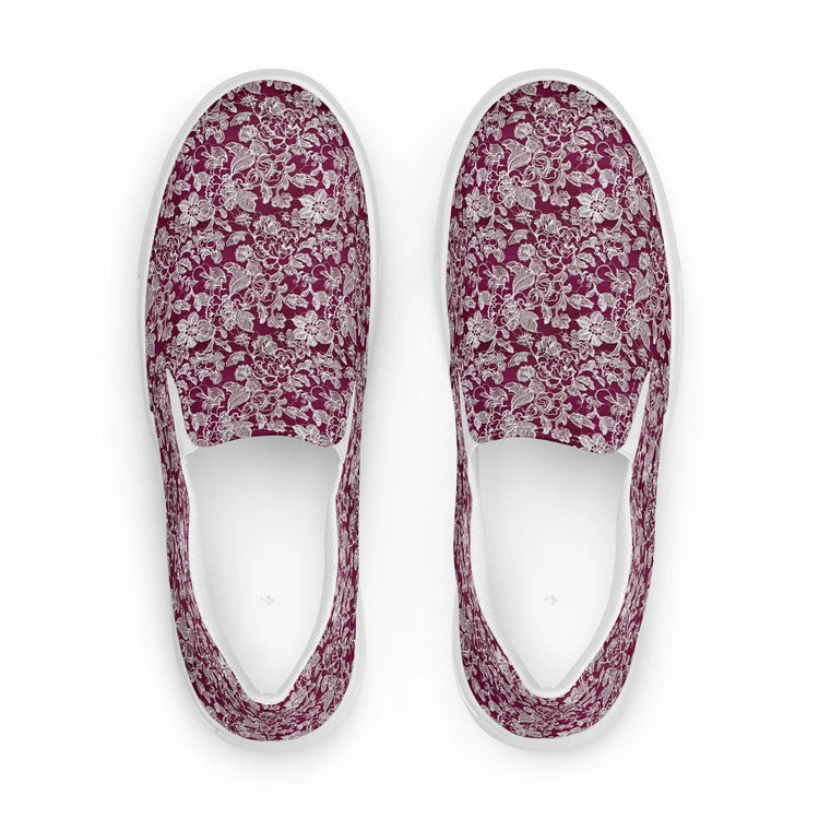 Women’s slip-on canvas shoes, Burgandy white lace canvas designer look casual cute jean skirt jogger pants slip-on rubber sole shoe
