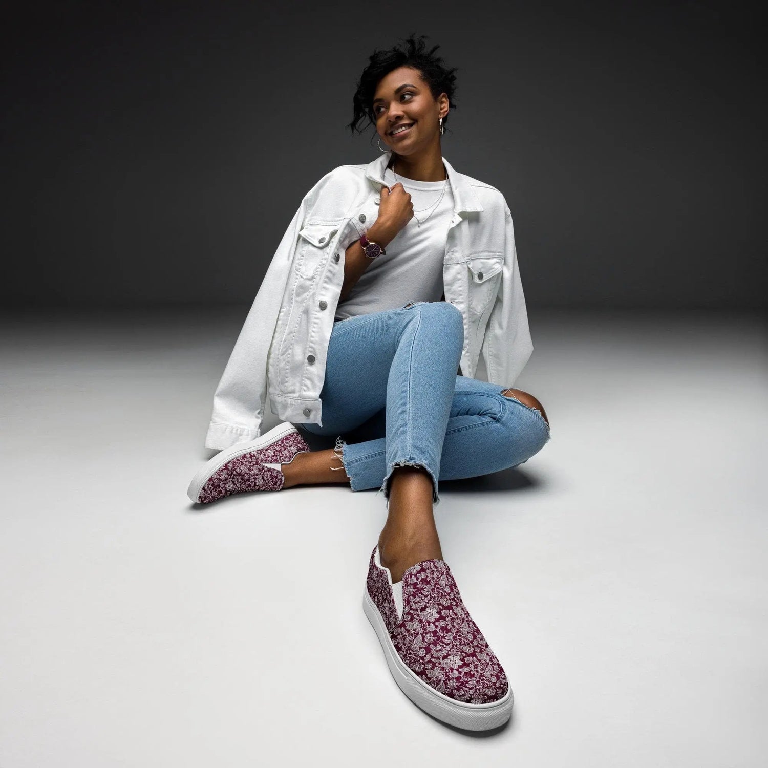 Women’s slip-on canvas shoes, Burgandy white lace canvas designer look casual cute jean skirt jogger pants slip-on rubber sole shoe