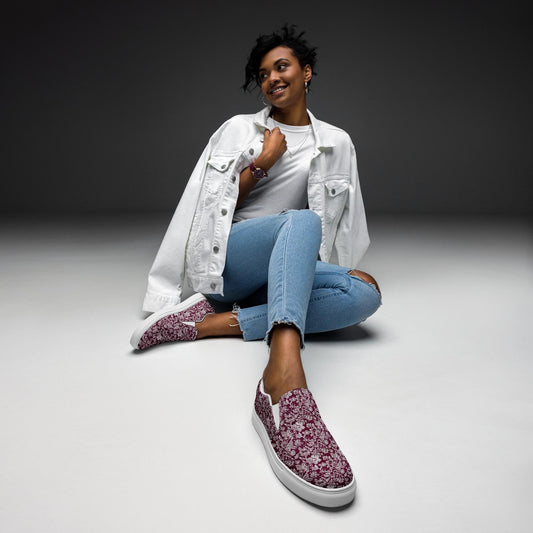 Women’s slip-on canvas shoes, Burgandy white lace canvas designer look casual cute jean skirt jogger pants slip-on rubber sole shoe