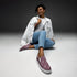 Women’s slip-on canvas shoes, Burgandy white lace canvas designer look casual cute jean skirt jogger pants slip-on rubber sole shoe