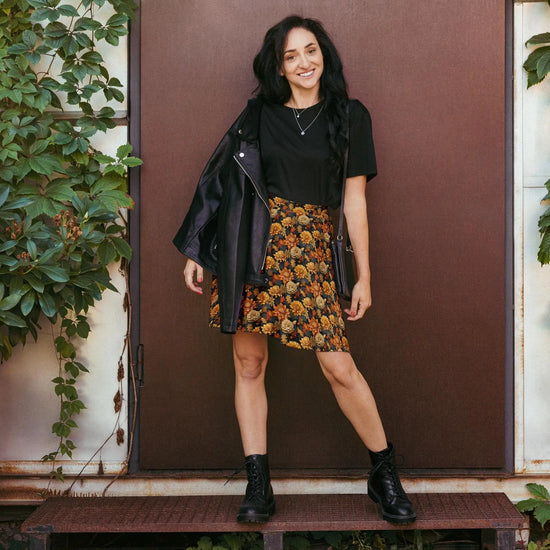 Skater Skirt, Fall season Autumn leaves all over pattern print design flaterring fabric casual dinner date concert Holiday style skirt The Aurora Touch
