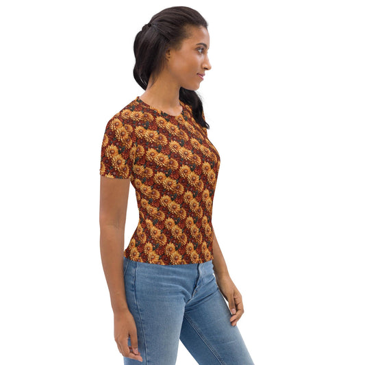 Women's T-shirt, Autumn floral all over print casual Fall fashion jean shorts skirt stylish everyday attractive shirt