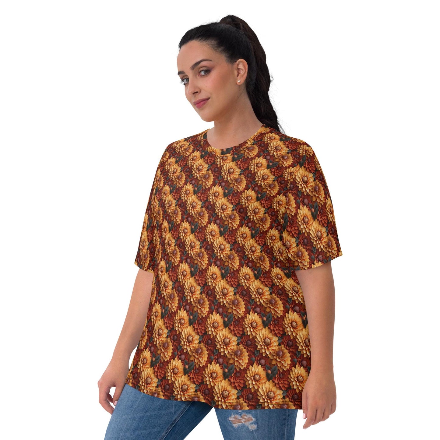 Women's T-shirt, Autumn floral all over print casual Fall fashion jean shorts skirt stylish everyday attractive shirt