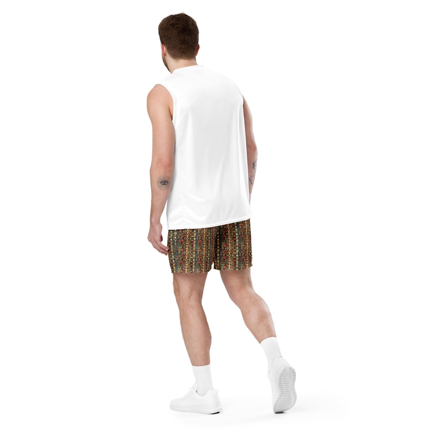 Men's mesh shorts, Tribal Native all over print pattern casual sporty flexible workout shopping walking all activity stylish short pants