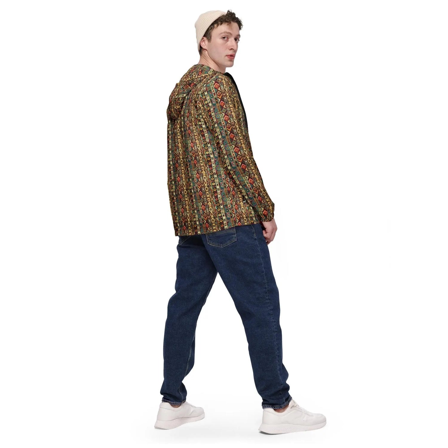 Men’s windbreaker, Radiant native tribal design pattern all weather casual stylish fabric any occassion over long short sleeve shirt jacket The Aurora Touch