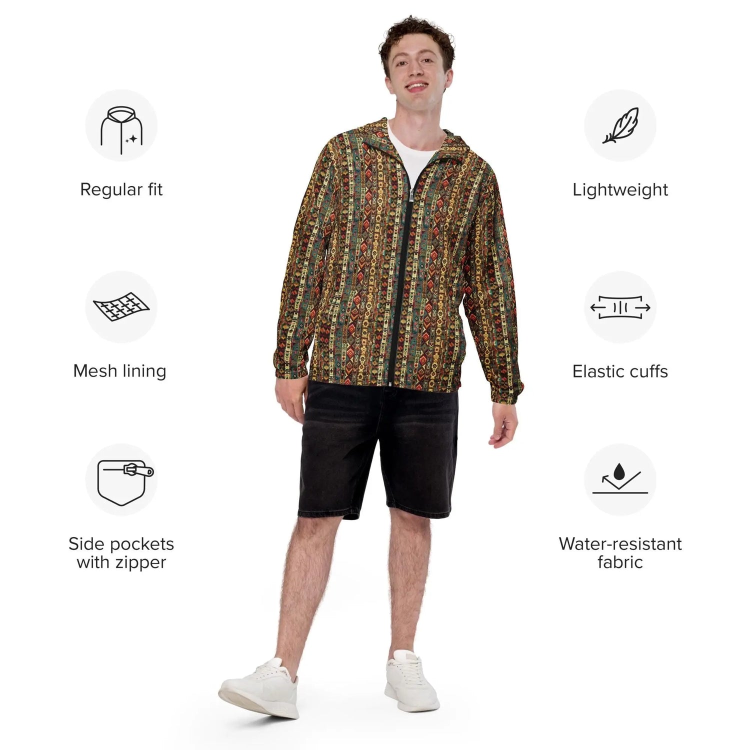 Men’s windbreaker, Radiant native tribal design pattern all weather casual stylish fabric any occassion over long short sleeve shirt jacket The Aurora Touch