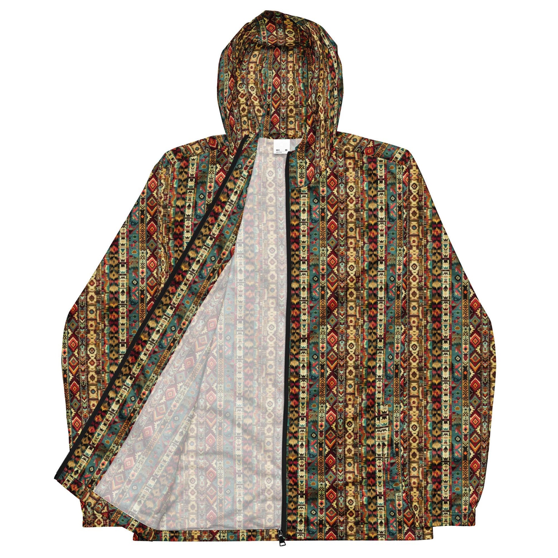 Men’s windbreaker, Radiant native tribal design pattern all weather casual stylish fabric any occassion over long short sleeve shirt jacket