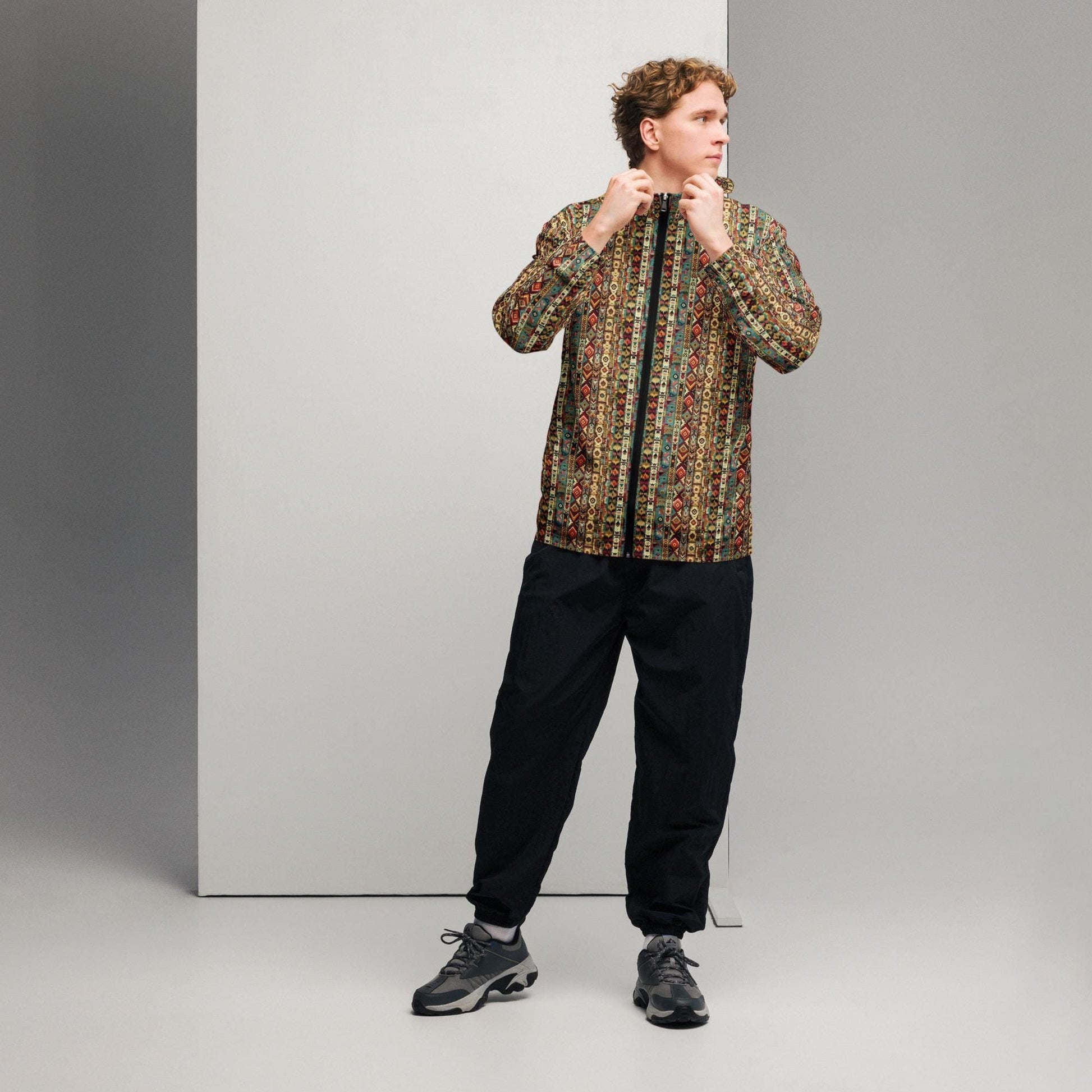 Men’s windbreaker, Radiant native tribal design pattern all weather casual stylish fabric any occassion over long short sleeve shirt jacket